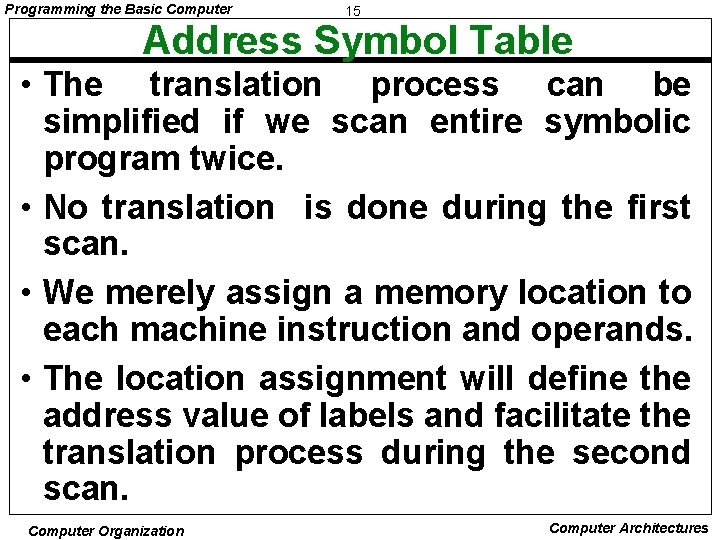 Programming the Basic Computer 15 Address Symbol Table • The translation process can be