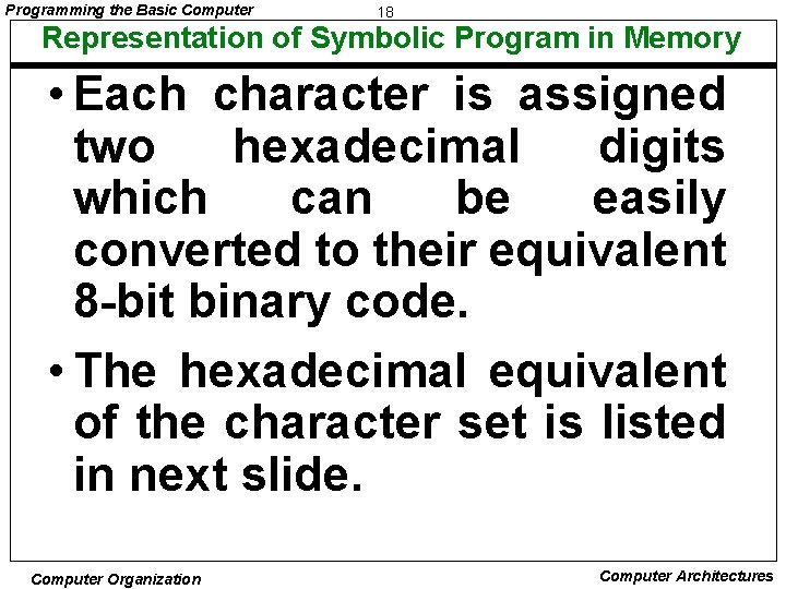 Programming the Basic Computer 18 Representation of Symbolic Program in Memory • Each character