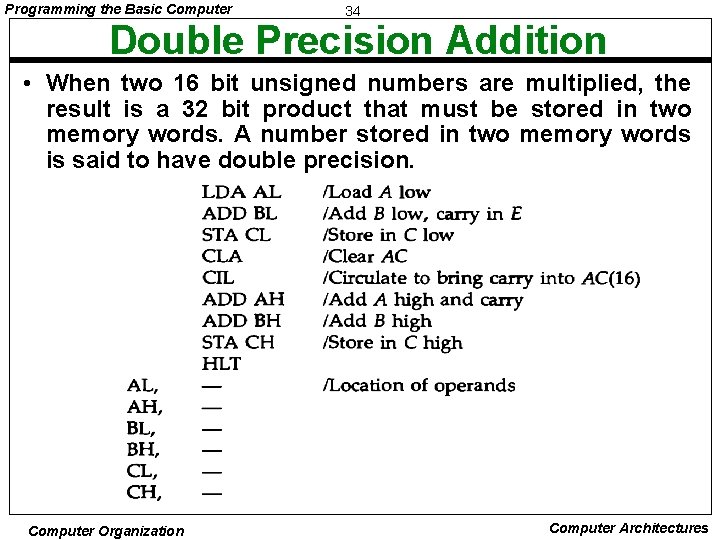 Programming the Basic Computer 34 Double Precision Addition • When two 16 bit unsigned