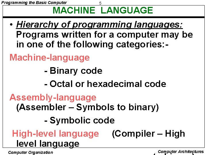 Programming the Basic Computer 5 MACHINE LANGUAGE • Hierarchy of programming languages: Programs written