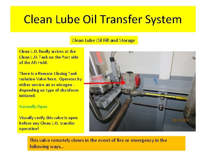 Clean Lube Oil Transfer System Clean Lube Oil Fill and Storage Clean L. O.