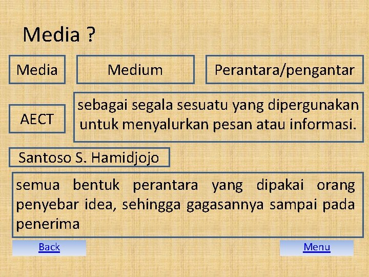 Media ? Media AECT Medium Perantara/pengantar sebagai segala sesuatu yang dipergunakan untuk menyalurkan pesan