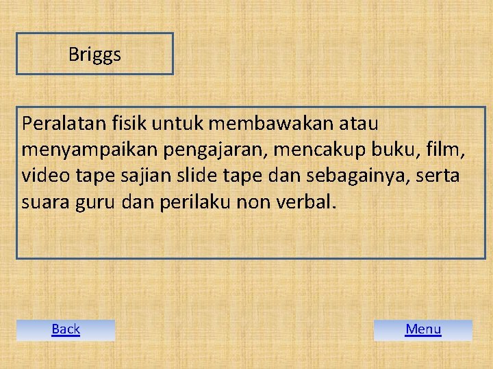 Briggs Peralatan fisik untuk membawakan atau menyampaikan pengajaran, mencakup buku, film, video tape sajian