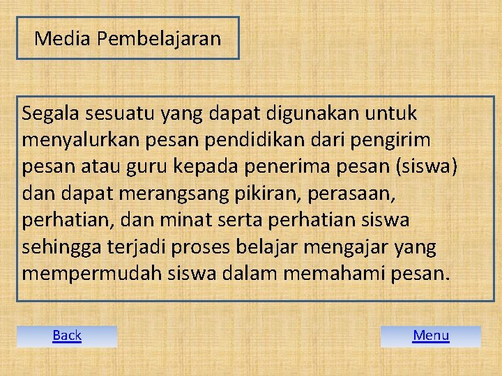 Media Pembelajaran Segala sesuatu yang dapat digunakan untuk menyalurkan pesan pendidikan dari pengirim pesan