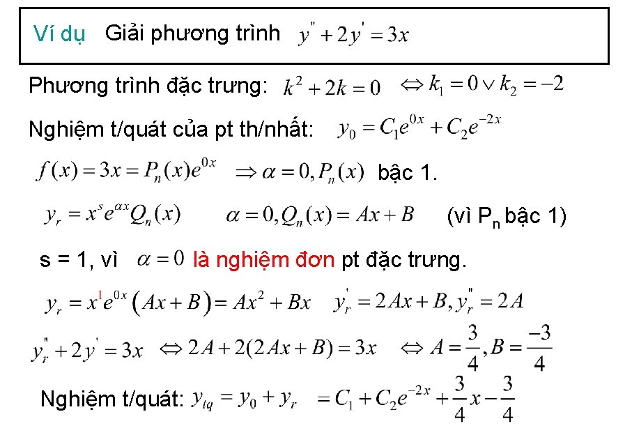 Ví dụ Giải phương trình Phương trình đặc trưng: Nghiệm t/quát của pt th/nhất: