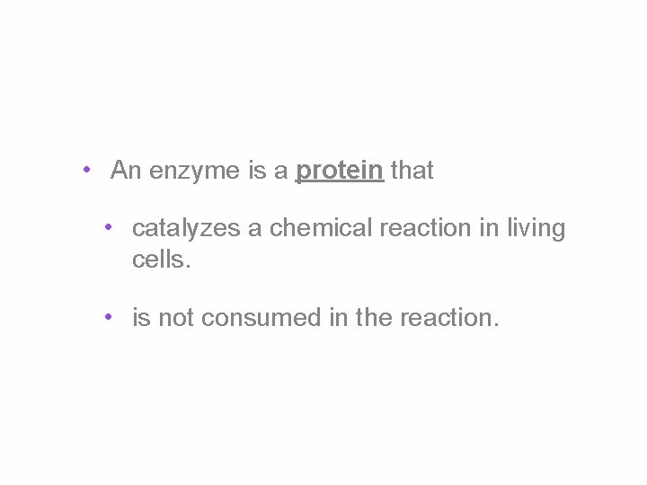  • An enzyme is a protein that • catalyzes a chemical reaction in