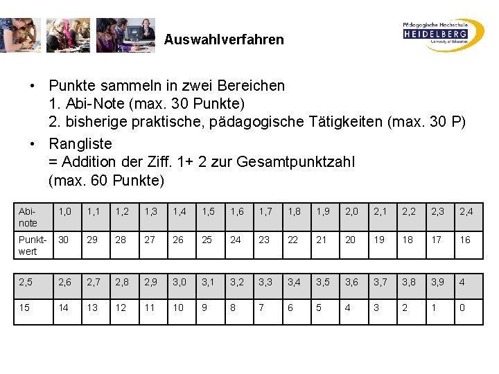 Auswahlverfahren • Punkte sammeln in zwei Bereichen 1. Abi-Note (max. 30 Punkte) 2. bisherige