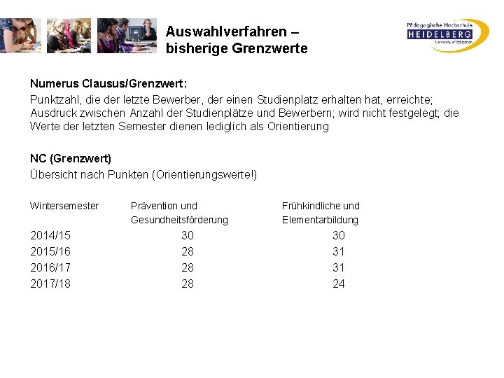 Auswahlverfahren – bisherige Grenzwerte Numerus Clausus/Grenzwert: Punktzahl, die der letzte Bewerber, der einen Studienplatz