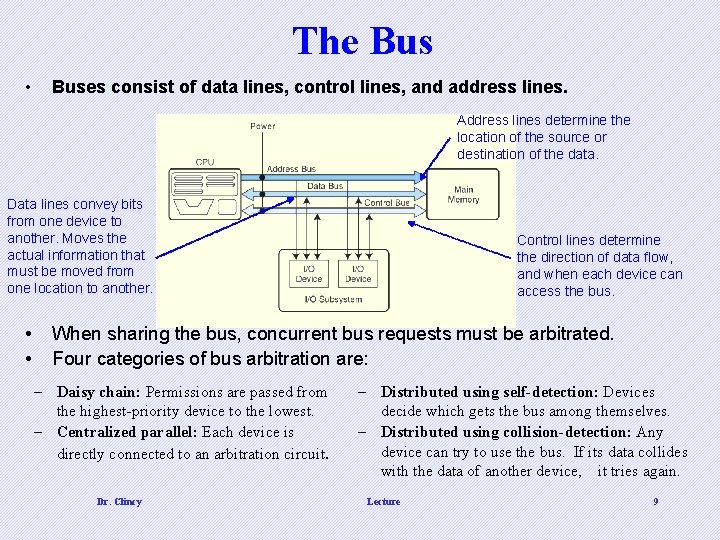 The Bus • Buses consist of data lines, control lines, and address lines. Address