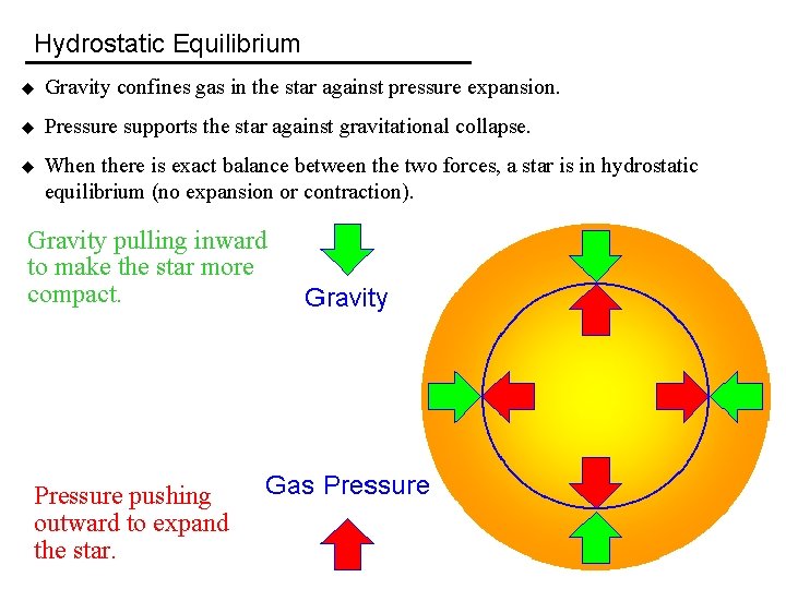 Hydrostatic Equilibrium u Gravity confines gas in the star against pressure expansion. u Pressure