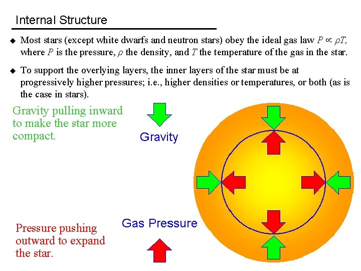 Internal Structure u Most stars (except white dwarfs and neutron stars) obey the ideal
