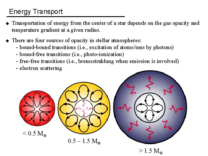 Energy Transport u Transportation of energy from the center of a star depends on