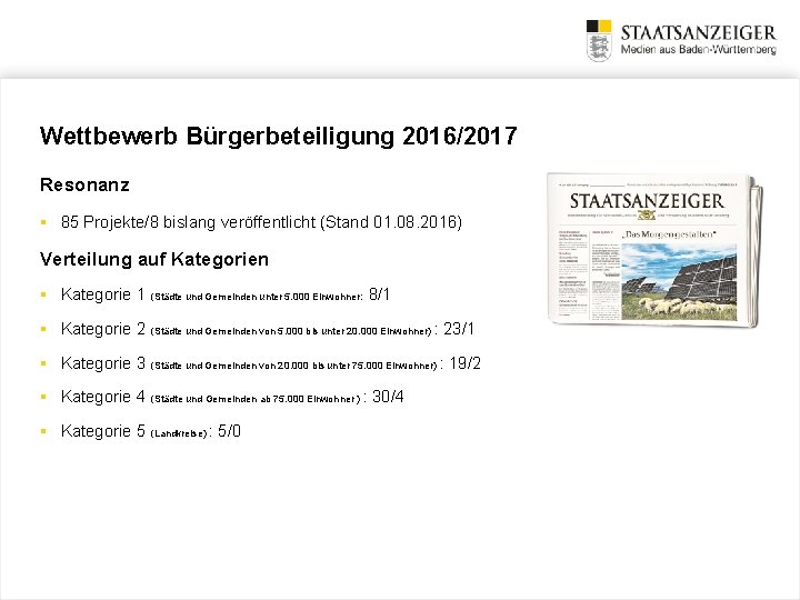 Wettbewerb Bürgerbeteiligung 2016/2017 Resonanz § 85 Projekte/8 bislang veröffentlicht (Stand 01. 08. 2016) Verteilung