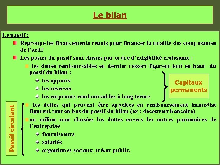Le bilan Passif circulant Le passif : Regroupe les financements réunis pour financer la