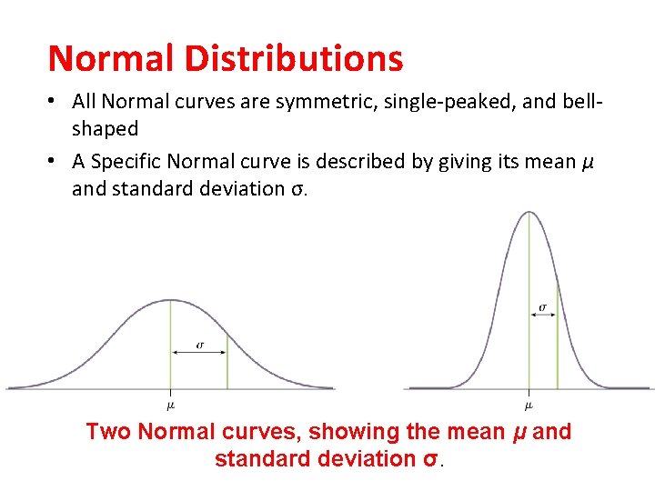 Normal Distributions • All Normal curves are symmetric, single-peaked, and bellshaped • A Specific