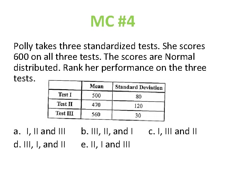 MC #4 Polly takes three standardized tests. She scores 600 on all three tests.