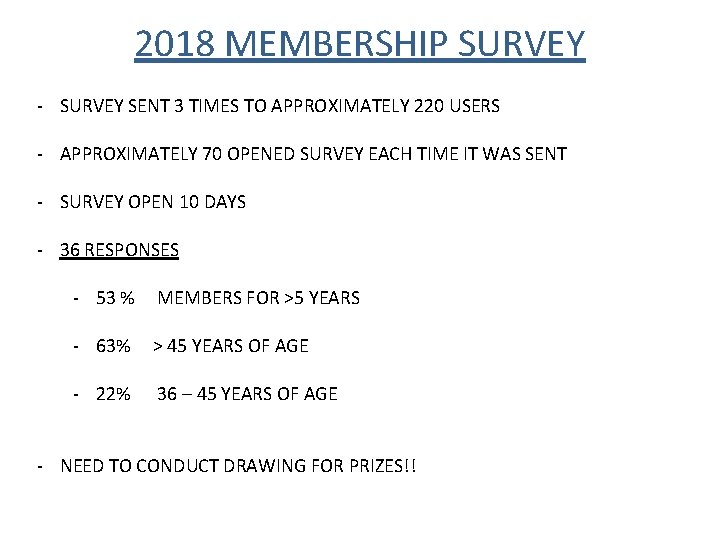 2018 MEMBERSHIP SURVEY - SURVEY SENT 3 TIMES TO APPROXIMATELY 220 USERS - APPROXIMATELY