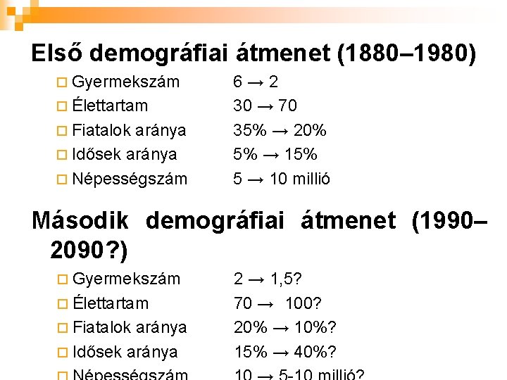 Első demográfiai átmenet (1880– 1980) ¨ Gyermekszám ¨ Élettartam ¨ Fiatalok aránya ¨ Idősek