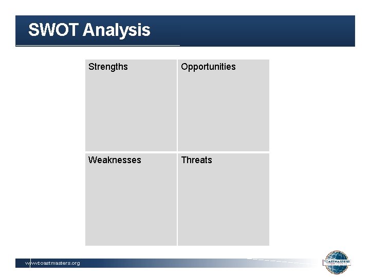 SWOT Analysis www. toastmasters. org Strengths Opportunities Weaknesses Threats 