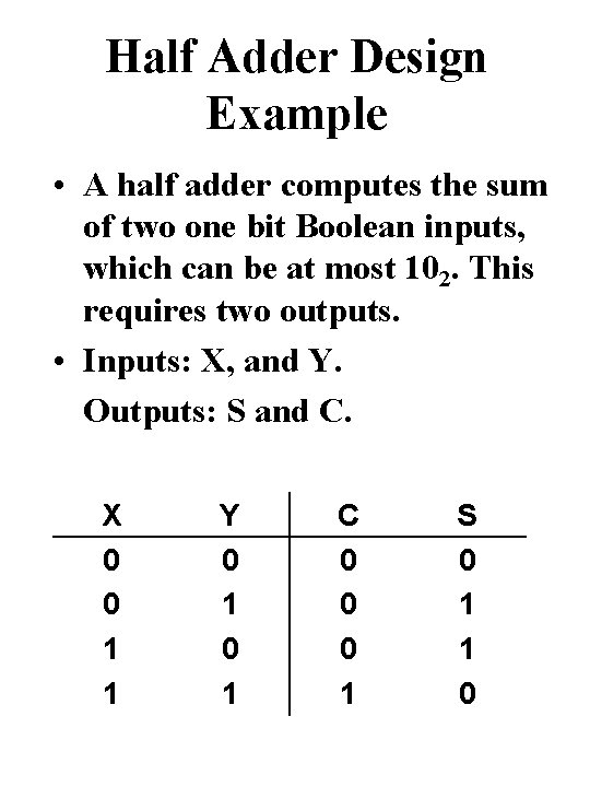 Half Adder Design Example • A half adder computes the sum of two one