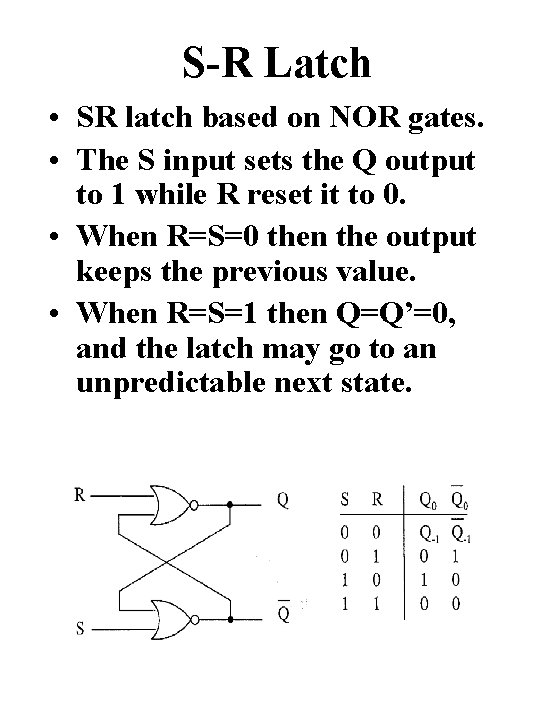 S-R Latch • SR latch based on NOR gates. • The S input sets S-R Latch • SR latch based on NOR gates. • The S input sets