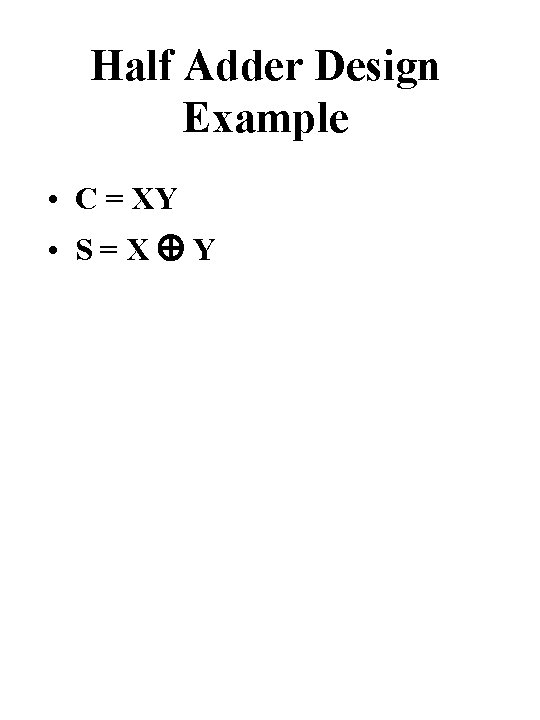 Half Adder Design Example • C = XY • S=X Y Half Adder Design Example • C = XY • S=X Y