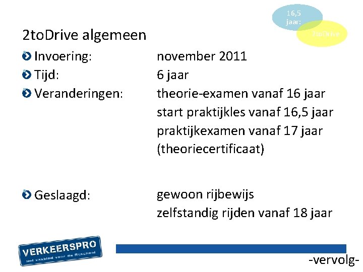 2 to. Drive algemeen 16, 5 jaar: 2 to. Drive Invoering: Tijd: Veranderingen: november