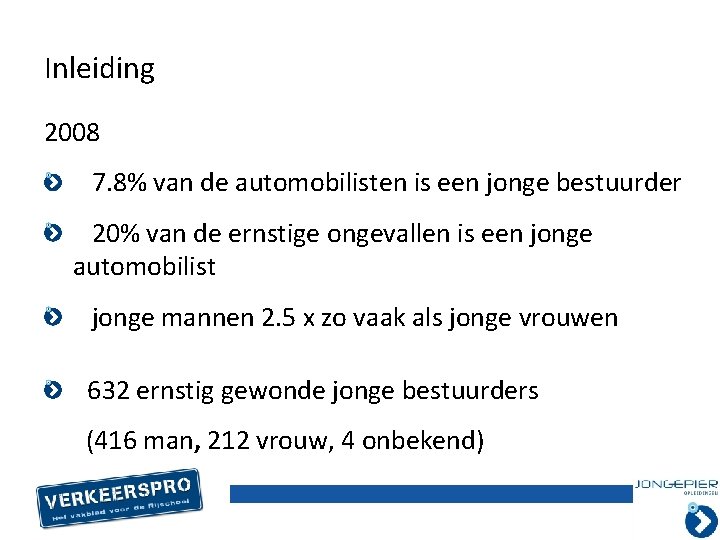 Inleiding 2008 7. 8% van de automobilisten is een jonge bestuurder 20% van de