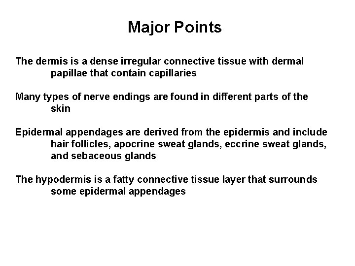 Major Points The dermis is a dense irregular connective tissue with dermal papillae that