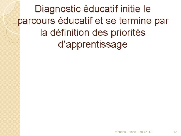 Diagnostic éducatif initie le parcours éducatif et se termine par la définition des priorités