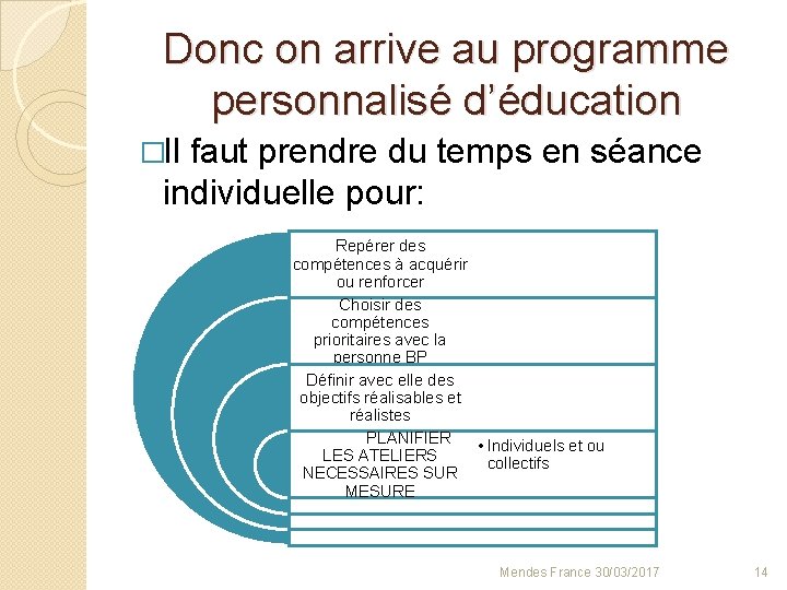 Donc on arrive au programme personnalisé d’éducation �Il faut prendre du temps en séance