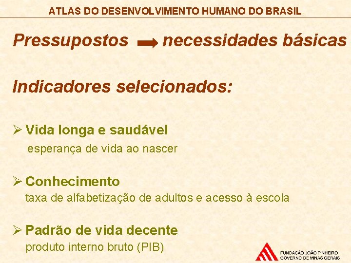 ATLAS DO DESENVOLVIMENTO HUMANO DO BRASIL Pressupostos necessidades básicas Indicadores selecionados: Ø Vida longa