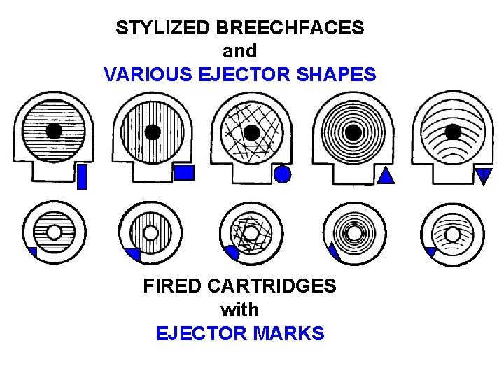 STYLIZED BREECHFACES and VARIOUS EJECTOR SHAPES FIRED CARTRIDGES with EJECTOR MARKS 