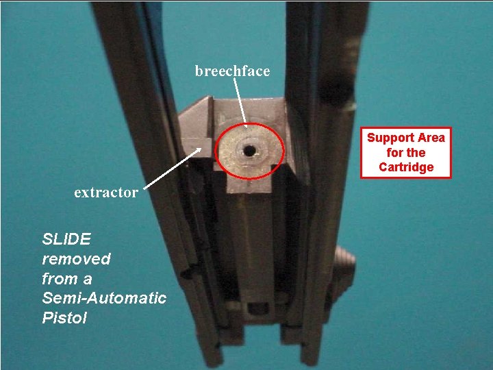 breechface Support Area for the Cartridge extractor SLIDE removed from a Semi-Automatic Pistol 