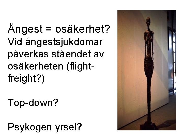 Ångest = osäkerhet? Vid ångestsjukdomar påverkas ståendet av osäkerheten (flightfreight? ) Top-down? Psykogen yrsel?