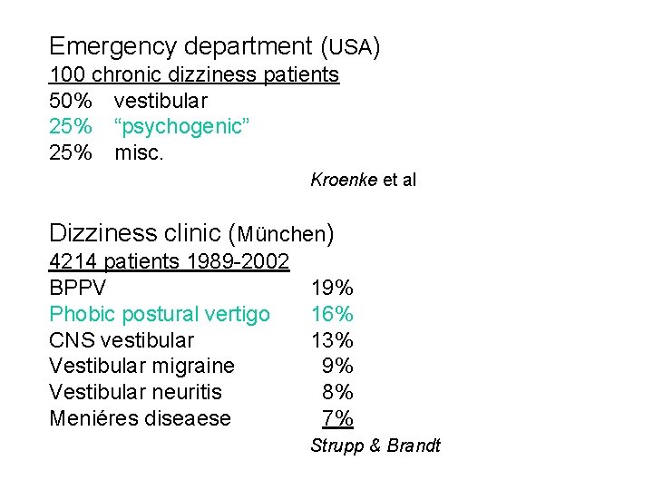 Emergency department (USA) 100 chronic dizziness patients 50% vestibular 25% “psychogenic” 25% misc. Kroenke