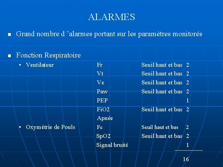 ALARMES n Grand nombre d ’alarmes portant sur les paramètres monitorés n Fonction Respiratoire