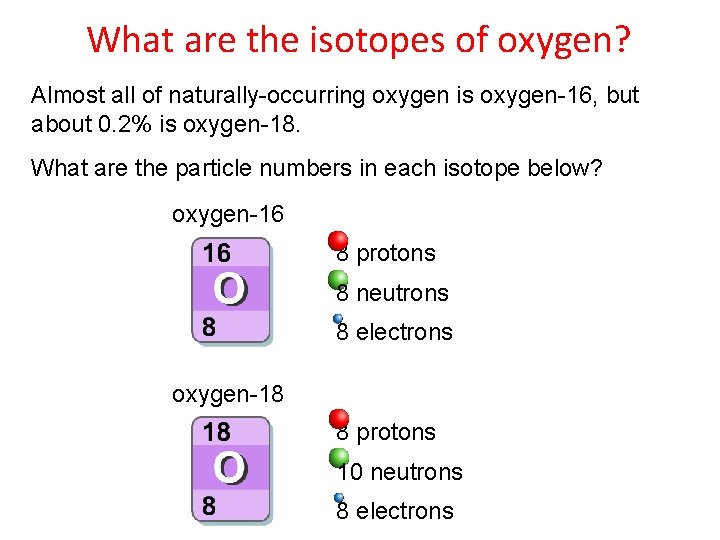 What are the isotopes of oxygen? Almost all of naturally-occurring oxygen is oxygen-16, but