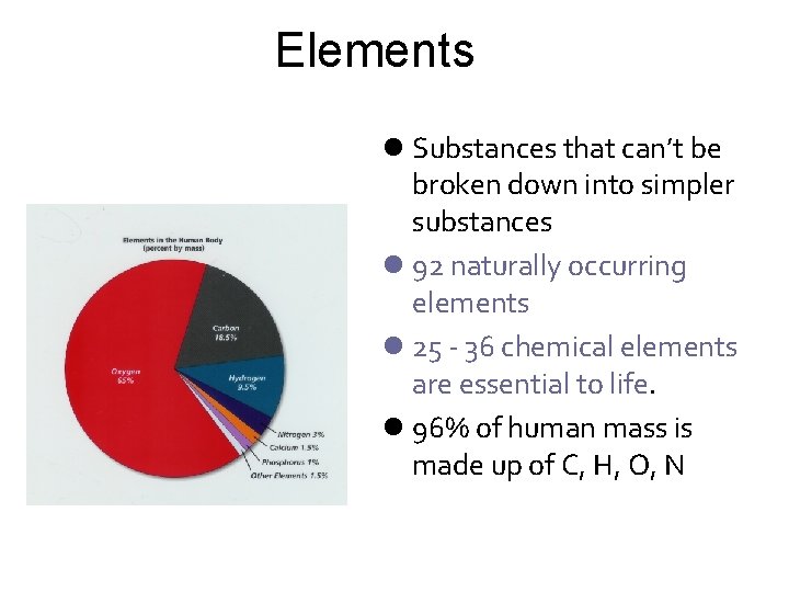 Elements l Substances that can’t be broken down into simpler substances l 92 naturally