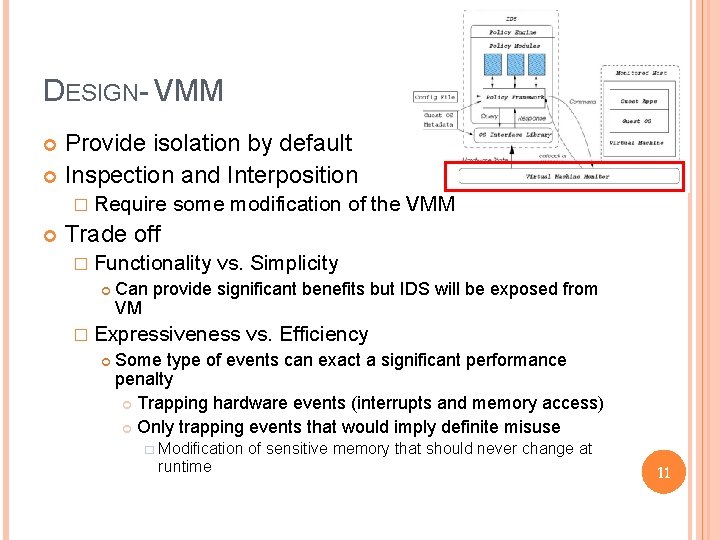 DESIGN- VMM Provide isolation by default Inspection and Interposition � Require some modification of DESIGN- VMM Provide isolation by default Inspection and Interposition � Require some modification of