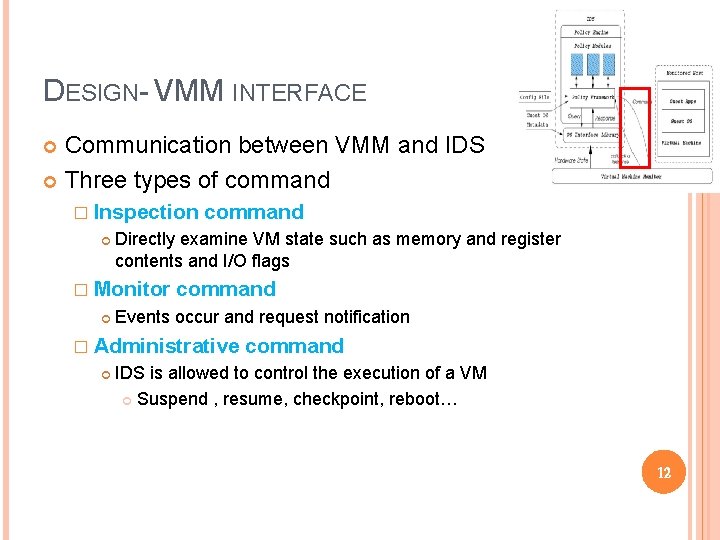 DESIGN- VMM INTERFACE Communication between VMM and IDS Three types of command � Inspection DESIGN- VMM INTERFACE Communication between VMM and IDS Three types of command � Inspection