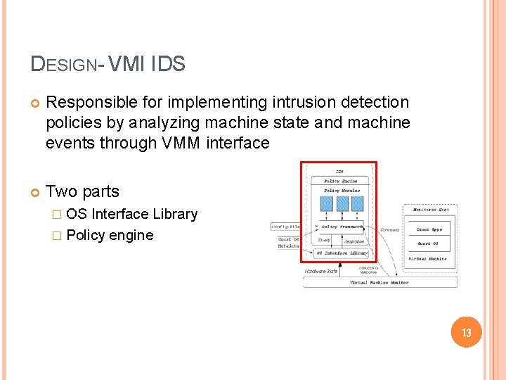 DESIGN- VMI IDS Responsible for implementing intrusion detection policies by analyzing machine state and DESIGN- VMI IDS Responsible for implementing intrusion detection policies by analyzing machine state and