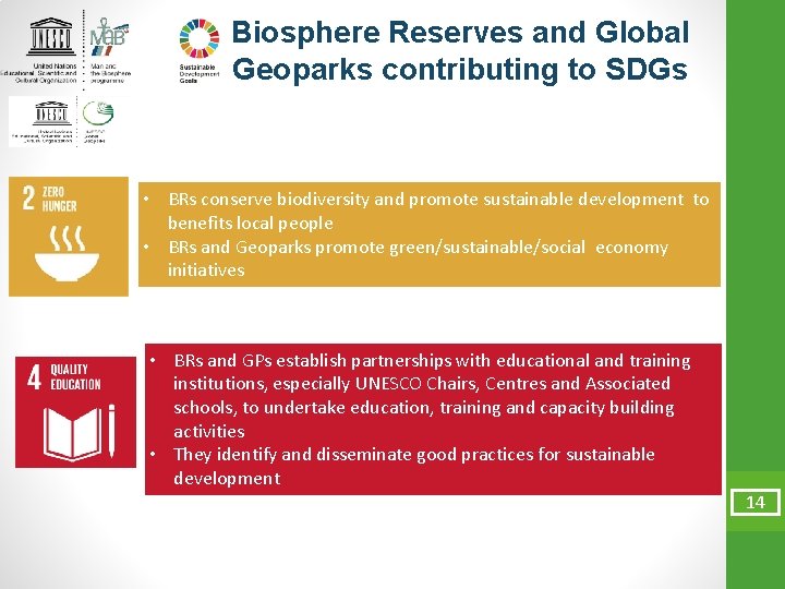 Biosphere Reserves and Global Geoparks contributing to SDGs • BRs conserve biodiversity and promote