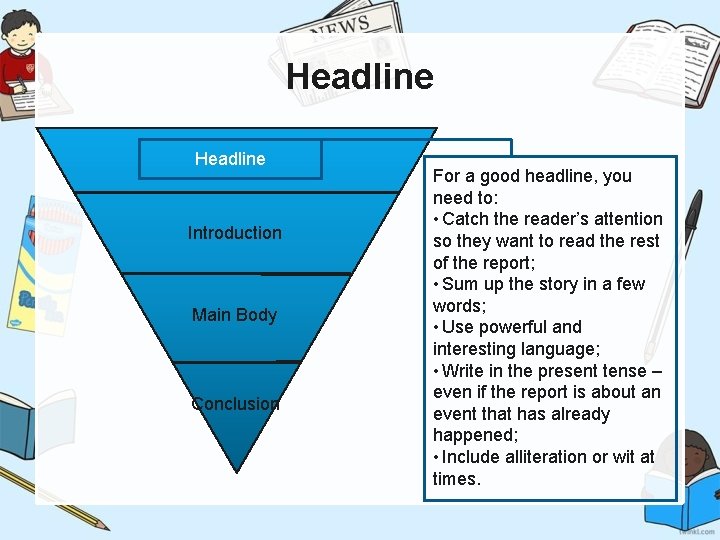 Headline Introduction Main Body Conclusion For a good headline, you need to: • Catch