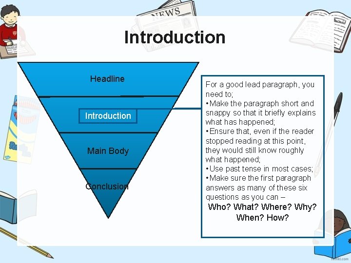 Introduction Headline Introduction Main Body Conclusion For a good lead paragraph, you need to;