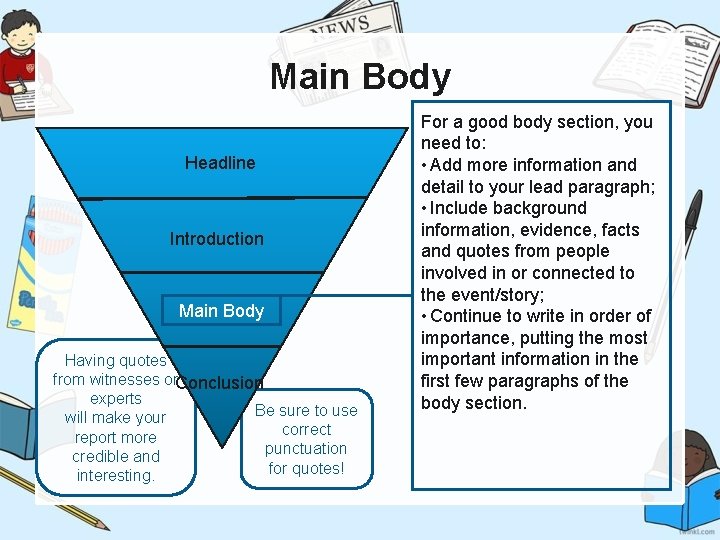 Main Body Headline Introduction Main Body Having quotes from witnesses or. Conclusion experts Be