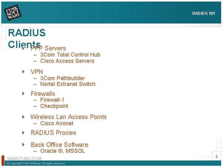 RADIUS 101 RADIUS Clients PPP Servers – 3 Com Total Control Hub – Cisco