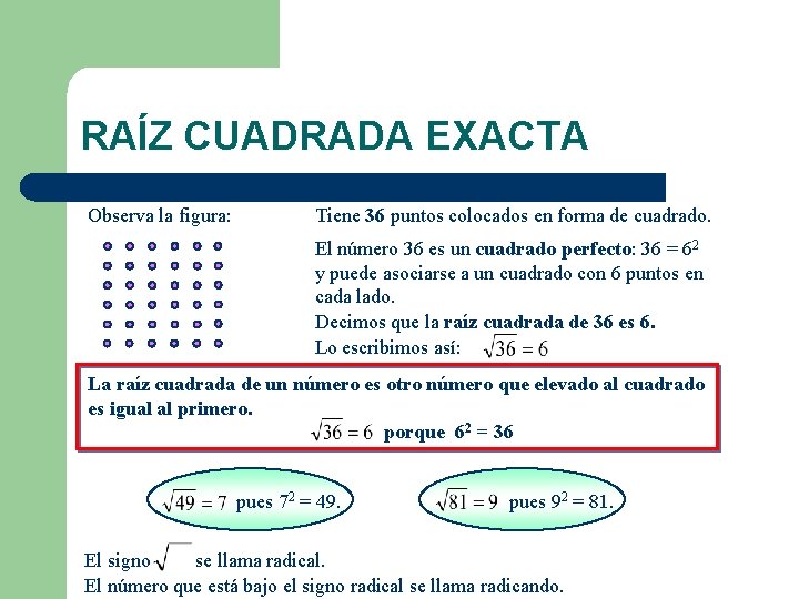 RAÍZ CUADRADA EXACTA Observa la figura: Tiene 36 puntos colocados en forma de cuadrado.