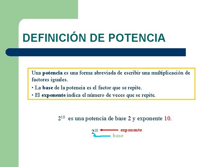 DEFINICIÓN DE POTENCIA Una potencia es una forma abreviada de escribir una multiplicación de DEFINICIÓN DE POTENCIA Una potencia es una forma abreviada de escribir una multiplicación de