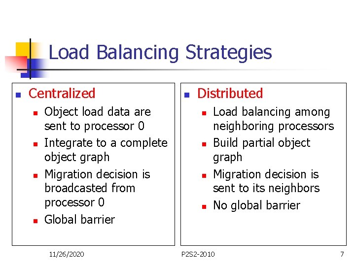 Load Balancing Strategies n Centralized n n Object load data are sent to processor